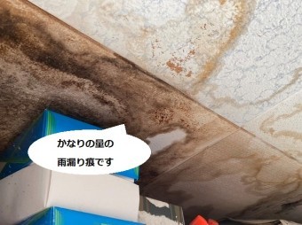 天井に大量の雨漏り痕がある様子