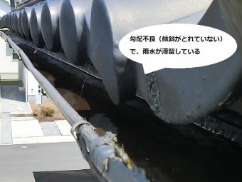 勾配不良を起こし雨水が滞留している軒樋
