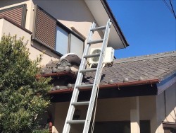 屋根に登り瓦下を覗き込む作業員