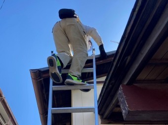 ハシゴを掛け、地上から下屋根に登るスタッフ