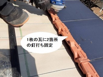 固定力を増す為、一枚の瓦に二本の釘止めを行う