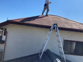 下屋根に脚立を掛け、上屋根に登るスタッフ