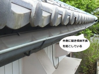 外開きし機能不良を起こしている銅軒樋