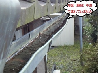 勾配不良を起こしている銅軒樋を上部から撮影