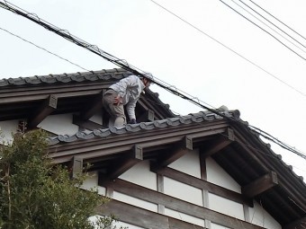 調査の為屋根を慎重に歩く調査員