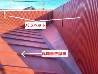 パラペット付きの瓦棒ぶき屋根の谷との緩衝分
