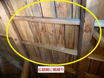 屋根の下地であるバラ板の広範囲に雨漏り跡