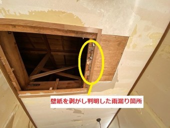 壁紙を剥がした天井の雨漏り跡