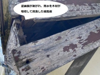 塗装膜も剥がれ木材に雨水が浸水し木割れを起こした破風板