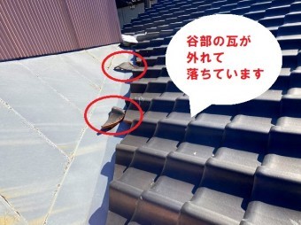 谷部の瓦が落ちています
