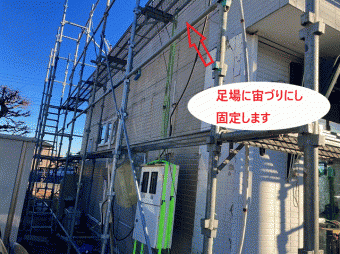 外されて足場に固定されている電気BOX