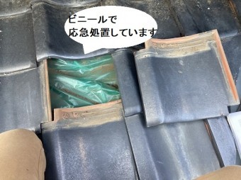 瓦を捲ると、ビニールで応急処置されていた