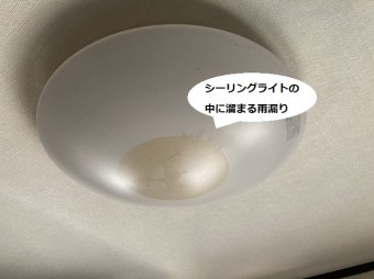 シーリングライトの中に溜まっている雨漏り