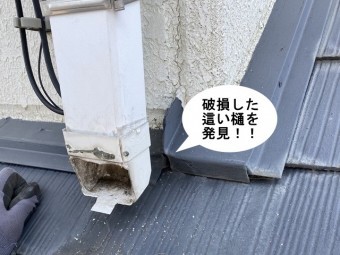 雨樋の補修工事中這い樋の破損を発見