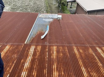 台風により捲り上がった龍ヶ崎市の現場の波トタン