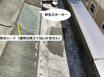 化粧スレートが破損し軒先スターターを下地の防水シートも露出