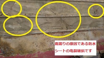 雨漏りの原因となった防水シートの亀裂破損