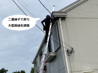アパートの大型雨樋を調査する為に梯子に登るスタッフ