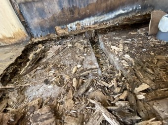 排水からの泡の逆流でボロボロになったフロア材
