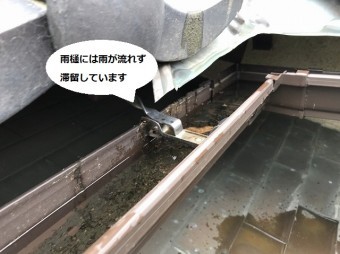 雨樋に雨水が滞留し流れていない