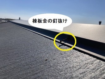 棟板金の釘抜けが起こっている水戸市の現場
