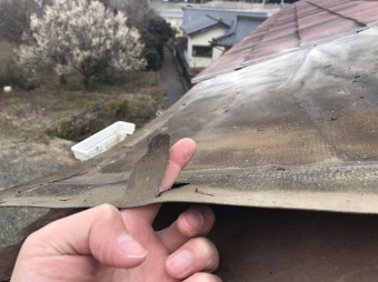 防水シート劣化箇所に指