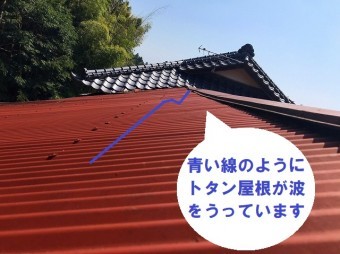 水戸市でのトタン屋根葺き替え依頼のお家は母屋に併設するトタン屋根が波うっています