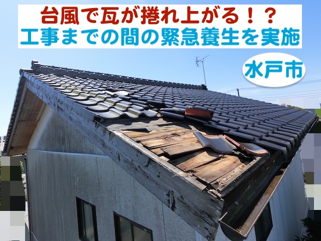 水戸市　台風で瓦が捲れ上がり野地板まで丸見え｜工事までの間の緊急養生