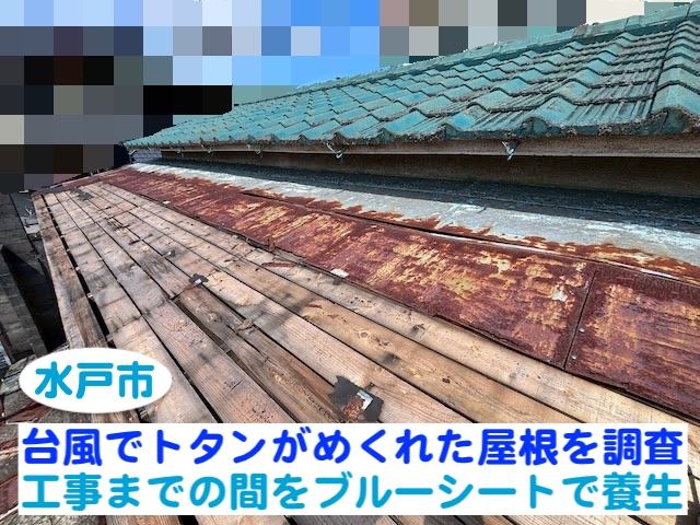 水戸市　台風でトタンがめくれた屋根を現場調査｜ブルーシートで応急養生