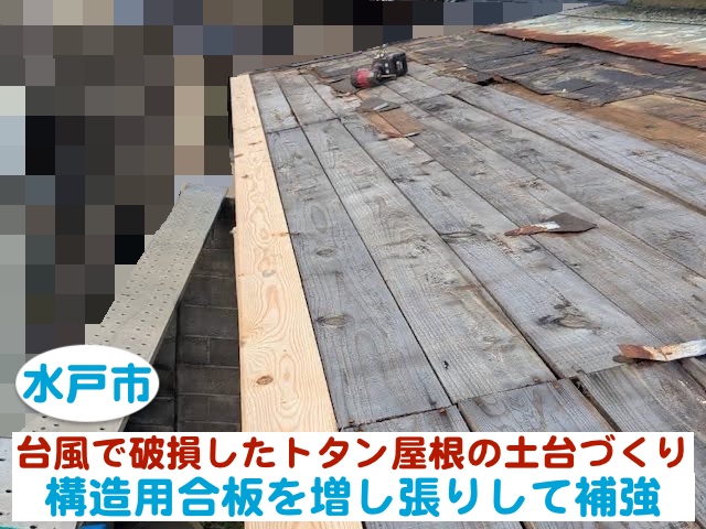 水戸市　台風で破損したトタン屋根の土台づくり｜構造用合板で補強