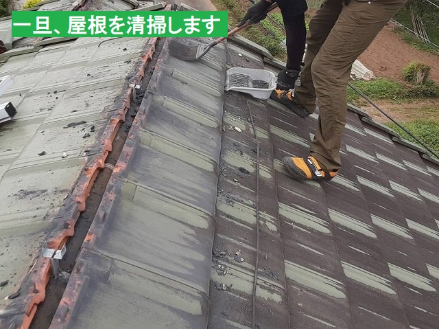 屋根を清掃するスタッフ