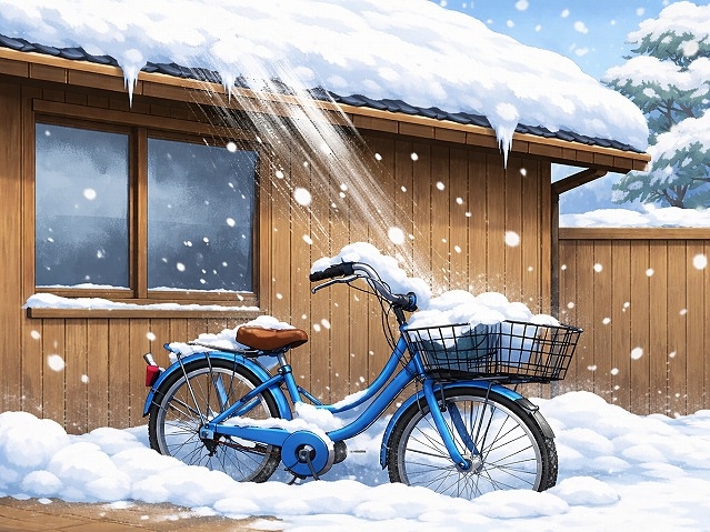 屋根から落ちた雪が自転車を直撃