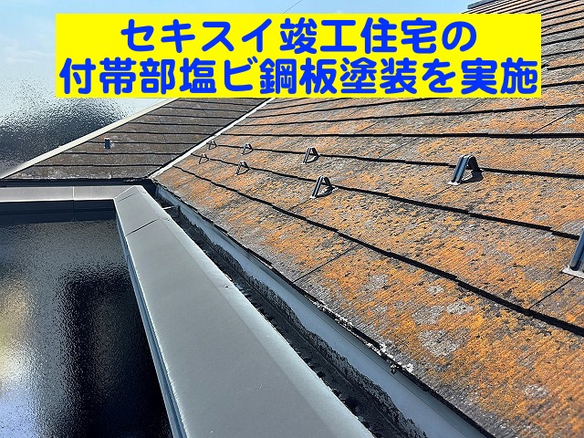 水戸市　セキスイの付帯部塩ビ鋼板塗装！ビニタイトプライマーで下塗り