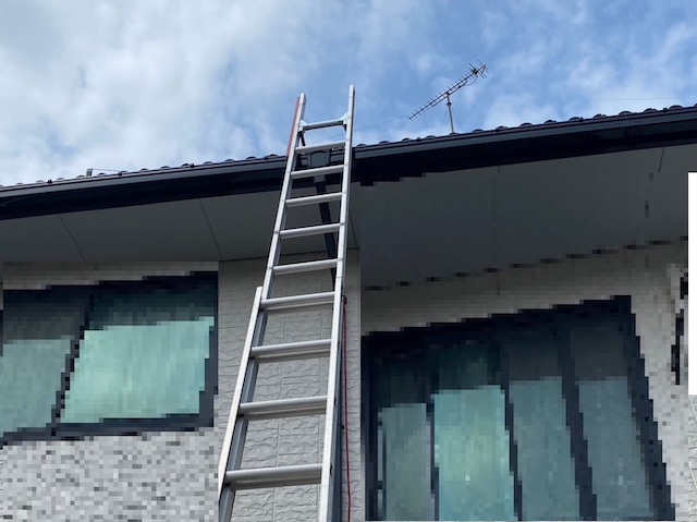 屋根点検のために軒先まで梯子を架ける