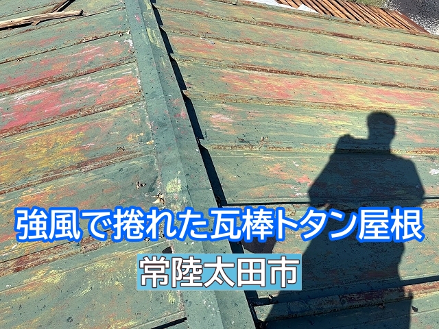 常陸太田市で強風で捲れた築45年以上の瓦棒トタン屋根を調査