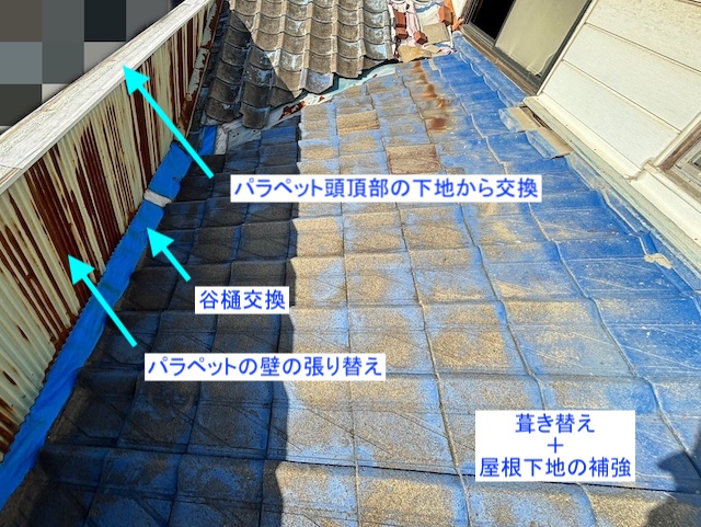 調査した上でのパラペット屋根の修繕箇所