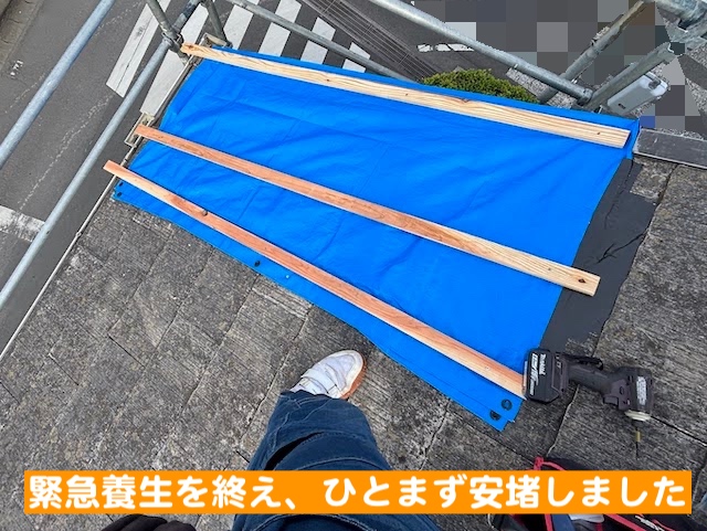 ひたちなか市　二階のコロニアル屋根材が飛散　ビニールシートによる養生後の写真