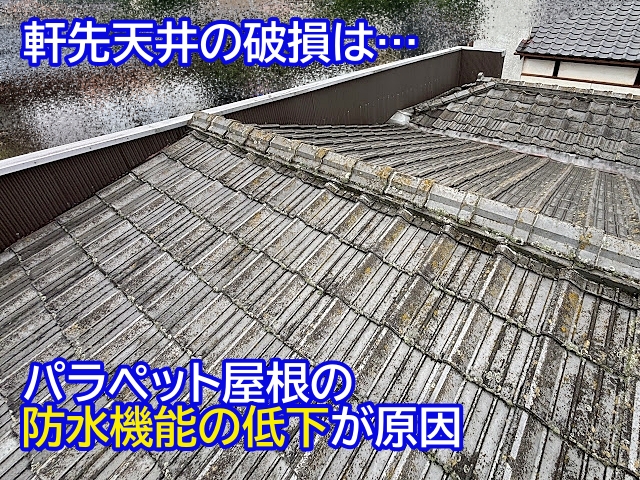 軒先天井の破損原因はパラペット屋根の防水機能の低下と判明