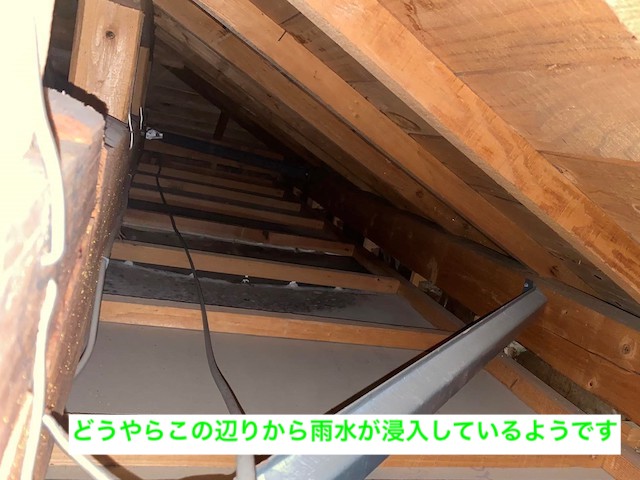 天井裏点検で雨漏り箇所を確認