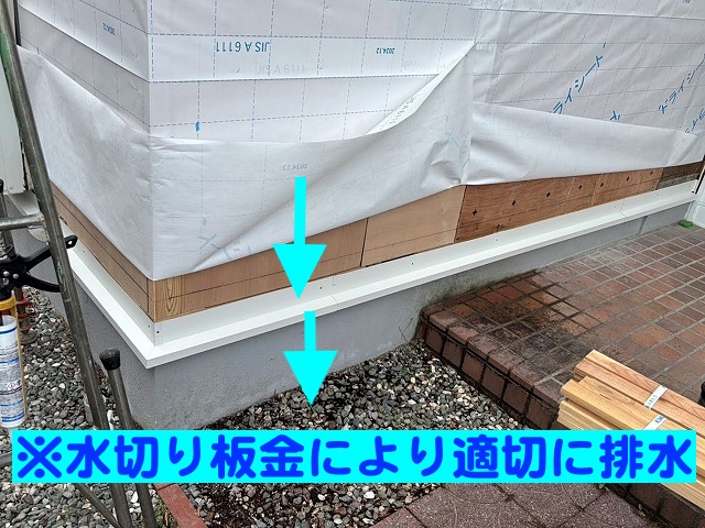 外壁と建物の基礎の境目に設置された適切な排水を促す水切り板金