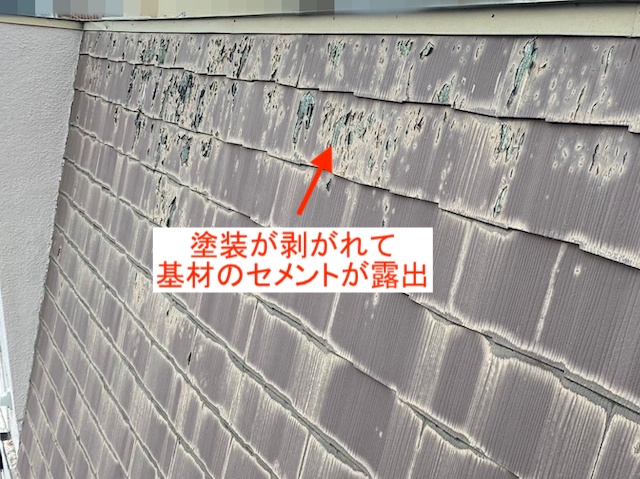 塗装が剥がれて基材のセメントが露出しているコロニアル屋根