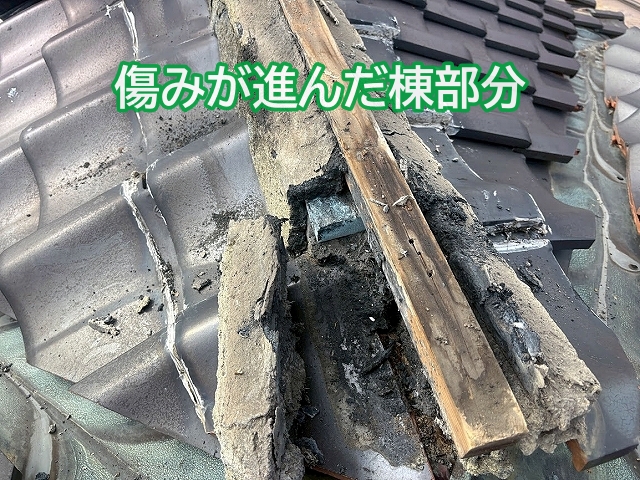 谷板金に接する棟の解体中に進行した内部の傷みを発見