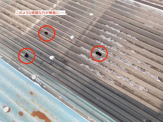 五霞町で車庫兼倉庫屋根のポリカ波板屋根に雹害と思われる穴あきを確認