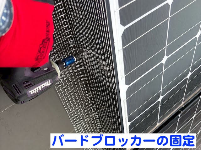 茨城町　屋根と太陽光パネルの隙間の鳥よけ対策　ハトブロッカー設置作業の写真