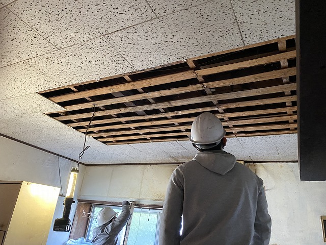天井材を剥がし屋根下地部を見上げる職人