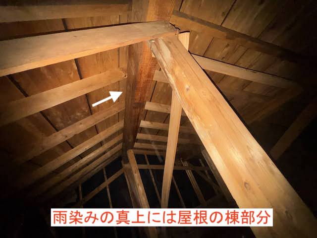 天井裏の雨染みの真上の棟部分