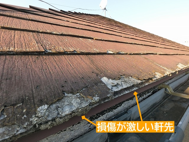 軒先の損傷が激しいパミール屋根