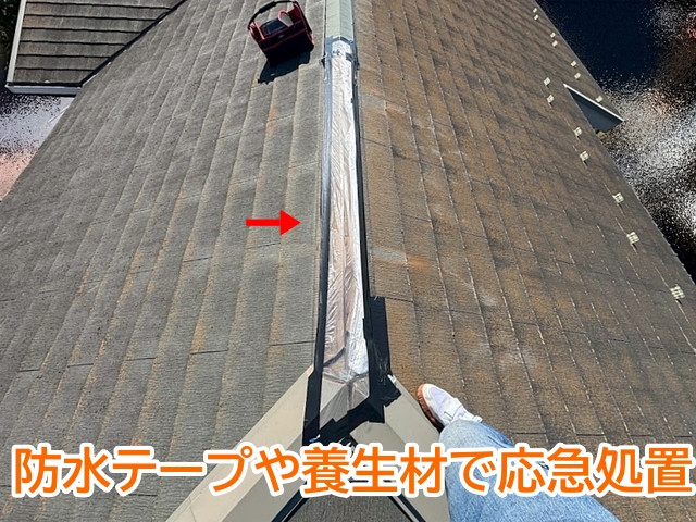 棟板金が脱落し下地がむき出しになった部分を緊急養生