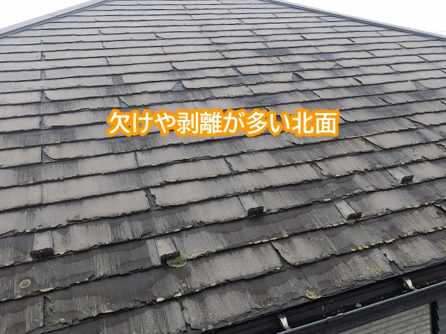 欠けや剥離が多いパミールA北面屋根