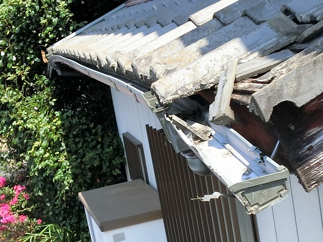 下屋根の軒先瓦や軒樋が激しく破損